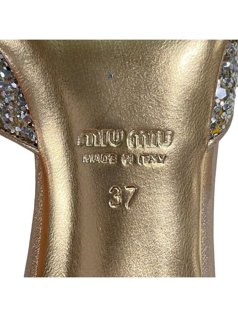 Miu Miu Mules Gold Clear Ribbon Bijou Glitter Leather - Picture 6 of 7